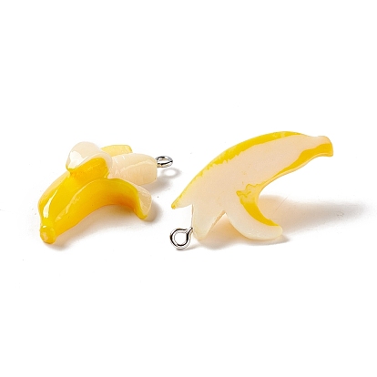 Opaque Resin Pendants, Imitation Food, with Platinum Tone Iron Loops, Banana