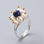 Adjustable Natural Gemstone Finger Rings, with Natural Pearl, Silver Plated Brass Ring Shanks and Ball Head Pin, with Cardboard Packing Box