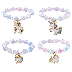 Glass Beaded Stretch Bracelet with Alloy Enamel Unicorn Charm for Kids