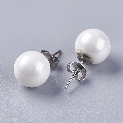 Electroplate Shell Pearl Ball Stud Earrings, with 304 Stainless Steel Findings
