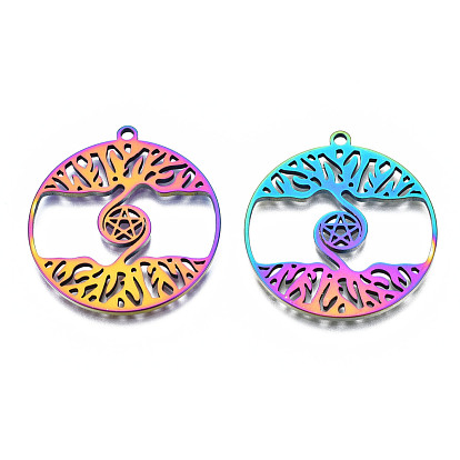 201 Stainless Steel Pendants, Rainbow Color, Flat Round with Star & Tree