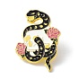 Serpiente con flor arte negro pin de esmalte fresco, broche de aleación de esmalte para mochilas ropa, dorado