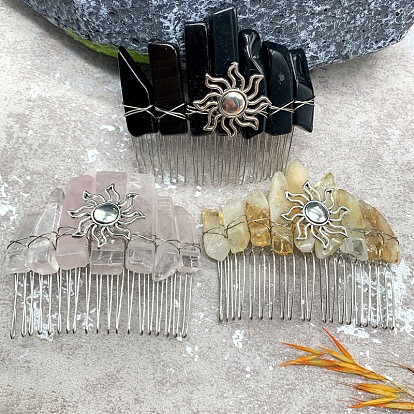 Sun Wire Wrapped Natural Gemstone Hair Combs, with Iron Combs, Hair Accessories for Women Girls