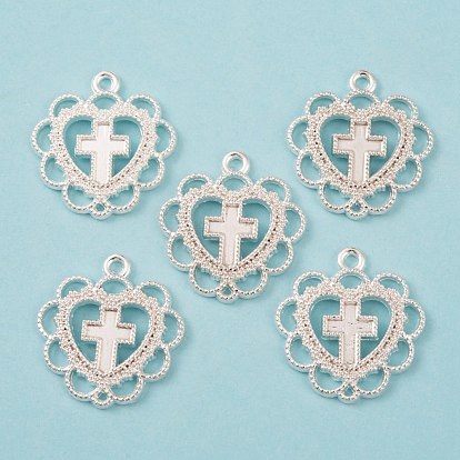 Zinc Alloy Open Back Bezel Pendants, For DIY UV Resin, Epoxy Resin, Pressed Flower Jewelry, Heart with Cross