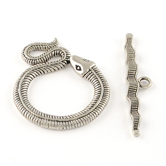 Tibetan Style Snake Toggle Clasps, Cadmium Free & Nickel Free & Lead Free, Snake: 46x36x3mm, Hole: 4mm, Bar: 51x10x3mm, Hole: 3mm, about 93sets/1000g