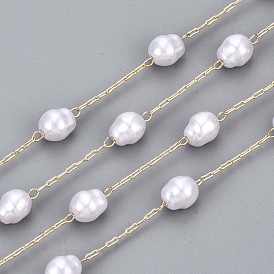 Handmade ABS Plastic Imitation Pearl Beads Chains, for Necklaces Bracelets Making, with Brass Paperclip Chains, Long-Lasting Plated, Soldered