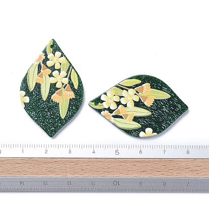 Acrylic Pendants, 3D Printed, with Glitter Powder, Leaf with Flower Pattern