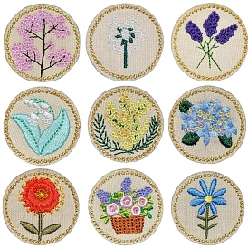 Broderie informatisée polyester coudre sur patchs, accessoires de costumes, rond plat avec motif fleur/arbre