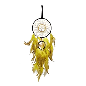 Iron Woven Web/Net with Feather Pendant Decorations, with Plastic & Citrine Chip Beads, Velvet Strip, Covered with Leather & Brass Cord, Flat Round with Tree of Life