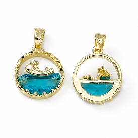 Deep Sky Blue Glass Pendants, with Rack Plating Brass Findings, Cadmium Free & Lead Free, Long-Lasting Plated, Flat Round with Sea & Dolphin