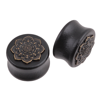 Jauges de bouchons d'oreilles fleur de mandala en bois naturel, extenseur d'oreille tunnel pour femme