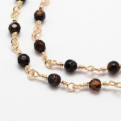 Faceted Round Natural Agate Handmade Beaded Chains, Unwelded, with Golden Brass Findings, Cadmium Free & Nickel Free & Lead Free, 14.5x4mm