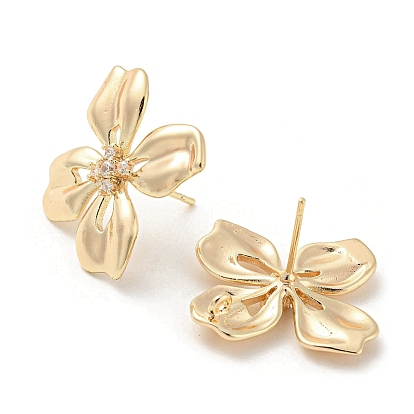 Brass with Glass Stud Earrings Findings, with Loops, Flower