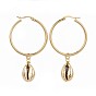 304 Stainless Steel Hoop Earrings, with Cowrie Shell Beads