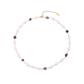 Colliers de chaîne à maillons en acier inoxydable pour femmes, avec perles naturelles et perles en pierres précieuses naturelles, or