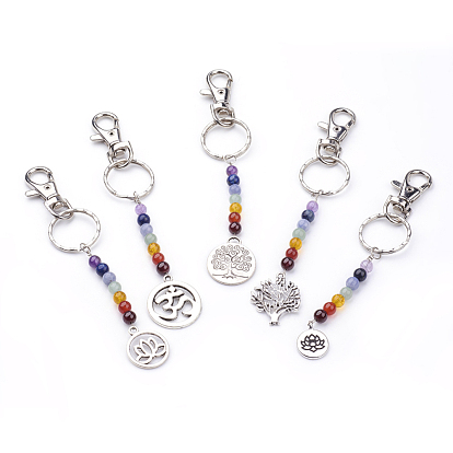 Porte-clés en alliage de style tibétain, avec des perles naturelles de pierres précieuses, porte-clés en fer et en alliage pivotant homard fermoirs griffe