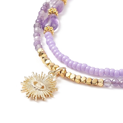 2шт 2 стиль сплава солнце с подвеской от сглаза набор ожерелий, штабелируемые ожерелья из стеклянных семян и натуральных драгоценных камней для женщин