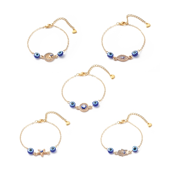Bracelet coulissant à maillons mauvais œil en cristal et résine, bijoux en laiton plaqué or pour femme, bleu