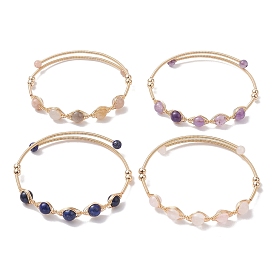 4Pcs 4 Style Natural Mixed Gemstone Round Beaded Cuff Bangles Set, Brass Wire Wrapped Bangles