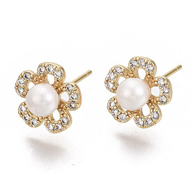 Brass Micro Clear Cubic Zirconia Stud Earrings, with ABS Plastic Imitation Pearl Beads, Flower, Real 18K Gold Plated