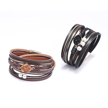 Cuir PU bracelets multi-brins, avec perles de nacre acrylique, cordes de polyester et alliages en cire