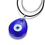 Teardrop Lampwork Evil Eye Pendants Necklaces, with 316 Surgical Stainless Steel Rolo Chains/Cowhide Leather Cord and 304 Stainless Steel Lobster Claw Clasps, with Burlap Paking Pouches Drawstring Bags