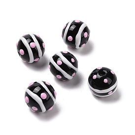 Handmade Lampwork Enamel Beads Strands, Round with Polka Dot and Stripe