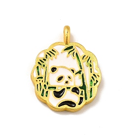 Rack Plating Alloy Enamel Pendants, Cadmium Free & Lead Free, Matte Gold Color, Flower with Panda and Bamboo