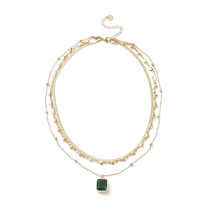 Green Glass Rectangle Charms Triple Layer Necklace, Ion Plating(IP) 304 Stainless Steel Heart Link & Satellite & Herringbone Chains Necklace for Women
