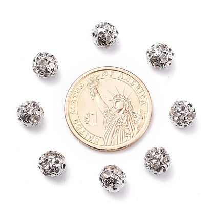 Perles en laiton de strass, Grade a, de couleur métal platine , ronde, 8 mm de diamètre, Trou: 1mm