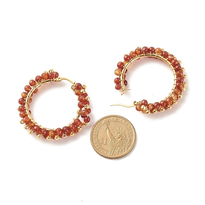 Natural Agate Beaded Hoop Earrings, 304 Stainless Steel Wire Wrap Jewelry for Women, Golden