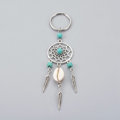 Porte-clés shell cauri, avec les accessoires en alliage de style tibétain, perles de turquoise synthétiques, 316 fermoir porte-clés en acier inoxydable chirurgical