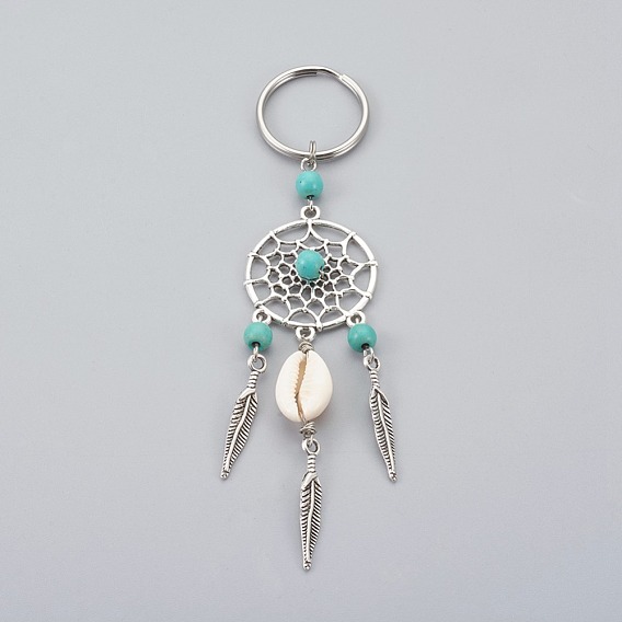 Cowrie Shell Keychain, with Tibetan Style Alloy Findings, Synthetic Turquoise Beads, 316 Surgical Stainless Steel Keychain Clasp