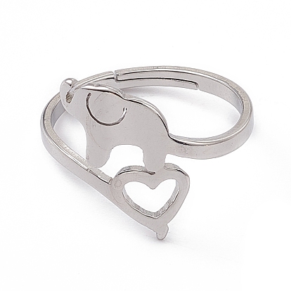 201 Stainless Steel Elephant with Heart Adjustable Ring for Women