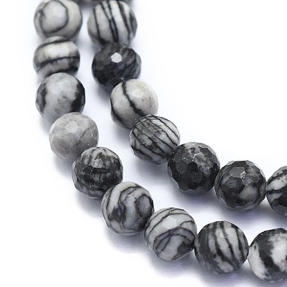 Brins de perles en pierre de soie noire naturelle / netstone, ronde, à facettes (128 facettes)