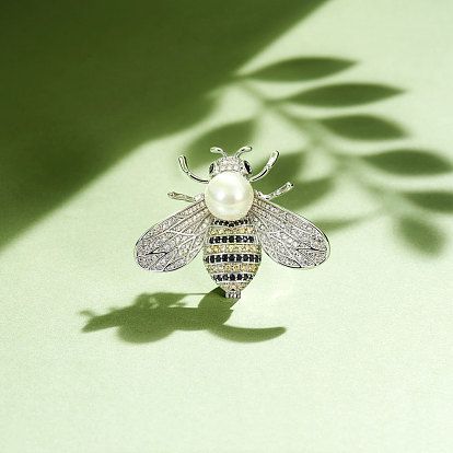 Broche de latón Shegrace, con circonita cúbica de grado aaa y perla, abejas