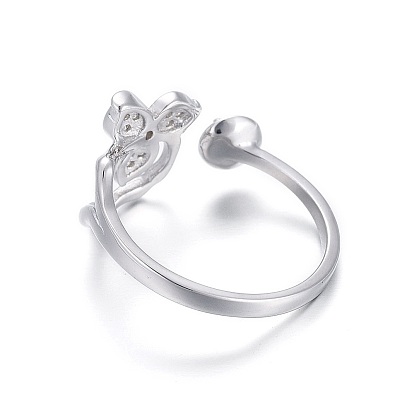 925 anillos de plata de ley, componentes de anillos abiertos, por medio perforó perlas, con circonita, flor