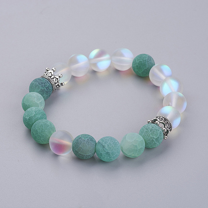 Bracelets extensibles en perles d'agate patinée naturelle (teints), avec des perles de pierre de lune synthétiques et des perles de couronne en alliage