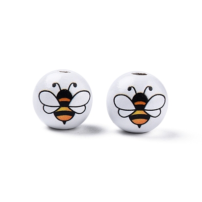 Bees Theme Printed Wooden Beads, Round with Bees/Sunflower/Gnome/Honey Jar Pattern