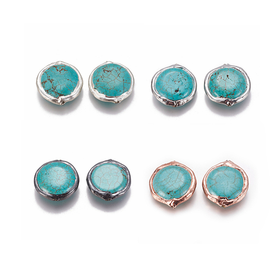 Perles de turquoise synthétiques, avec les accessoires en laiton, plat rond, teint