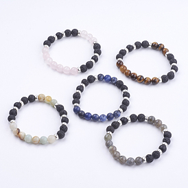 Natural Lava Rock and Gemstone Stretch Bracelets, with Alloy Beads, Burlap Bags, Round