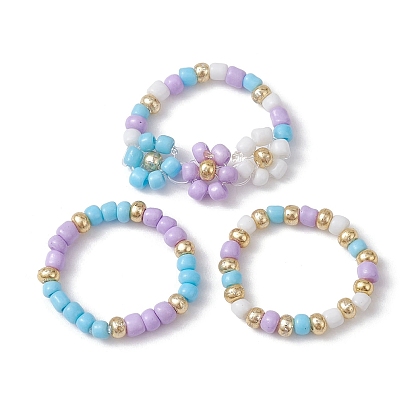 3Pcs 3 Style Glass Seed Beaded Stretch Rings Set, Flower Stackable Rings