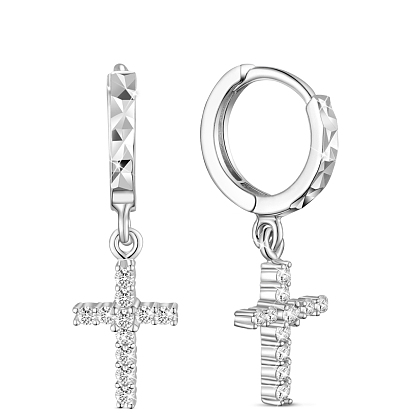 SHEGRACE 925 Sterling Silver Hoop Earrings, with Brass Micro Pave AAA Cubic Zirconia Cross Pendant