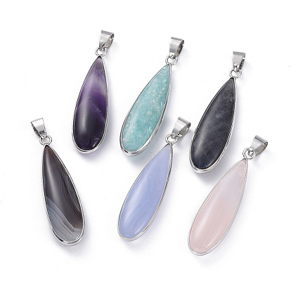 Natural Gemstone Pendants, with Platinum Plated Brass Findings, Teardrop