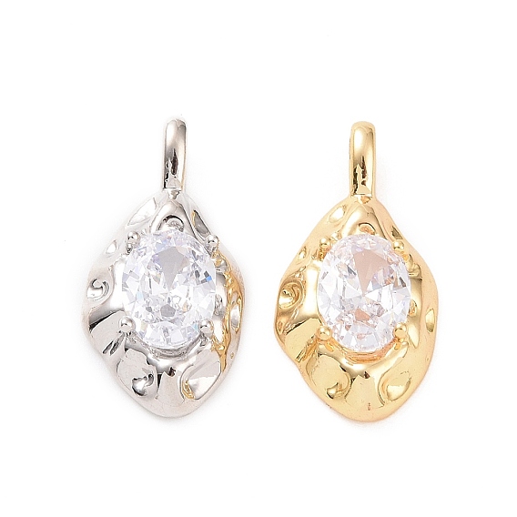 Textured Brass Micro Pave Clear Cubic Zirconia Pendants, Teardrop Charms
