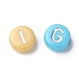 Opaque Mixed Color Acrylic Beads, Metal Enlaced, Flat Round with Random Letters