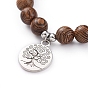 Unisex Wood Beads Stretch Charm Bracelets, with 304 Stainless Steel Beads and Tibetan Style Alloy Pendants, Flat Round with Tree