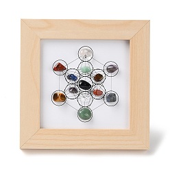 Soporte de marco de fotos de chakra de piedras preciosas con patrón hexagonal de metatrón, con marco cuadrado de madera, decoración de oficina en casa de piedra energética reiki