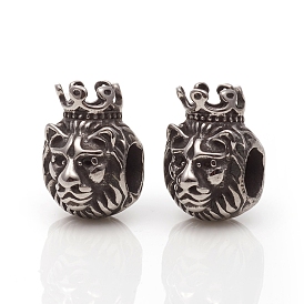 304 Stainless Steel European Beads, Large Hole Beads, Lion with Crown