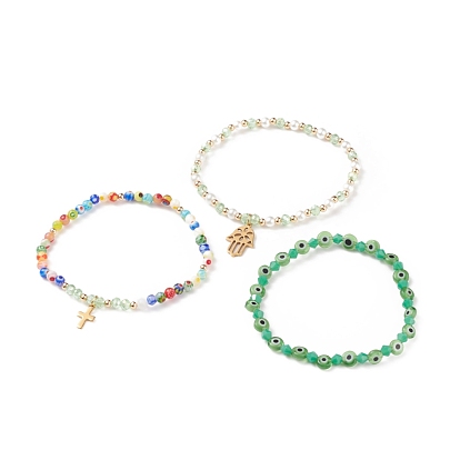 3 pcs 3 ensemble de bracelets extensibles en verre et au chalumeau style mauvais œil, bracelets à breloques croix et hamsa pour femmes
